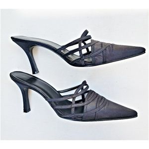 Elegant 90’s black satin evening mules. Strappy!